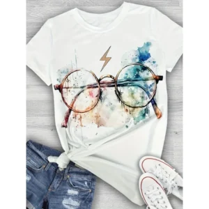 Camiseta de algodão estampada com óculos coloridos femininos, blusa com gola redonda, respirável, casual, roupas de rua retrô, primavera e verão